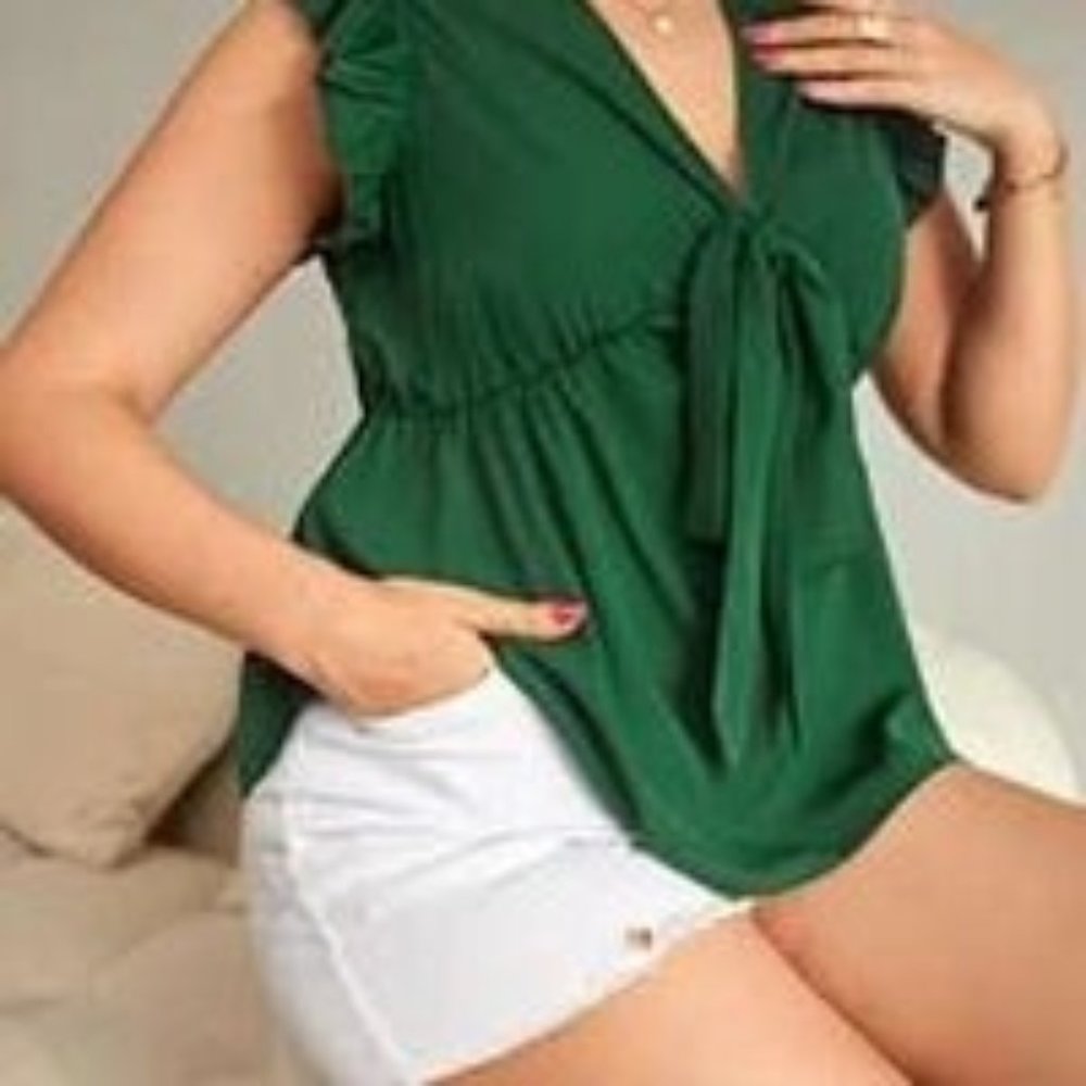 Plus Butterfly Sleeve Knot Front Peplum Blouse